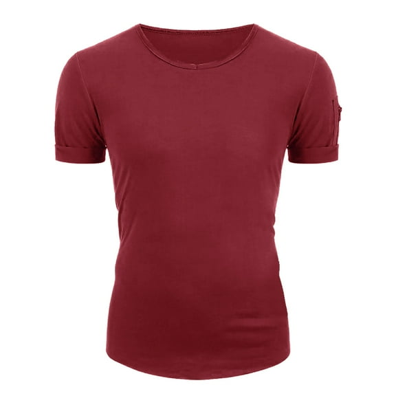 TOOYOU Men's T-Shirt Summer Solid Color Plus Size V Neck Zipper Short Sleeves Mens Basic Tees Red