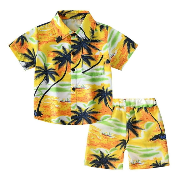 TOOYOU Toddler Boys 2-Piece Outfits Sets Short Sleeve Summer Casual Tops Hawaii Beach Holiday Floral Shirts T Shirt Shorts Outfits Boys Breathable Clothing Sets Size 6 Years-7 Years Yellow
