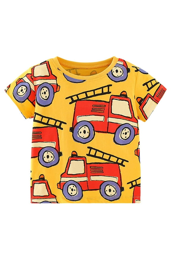 Toddler Boys T-shirt Tops Summer Short Sleeve Cartoon Fire Truck Pattern Printing &nbsp;Basic Tees For Kids Size 3-4 Years
