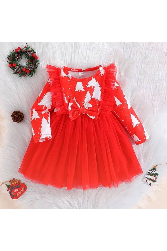 Toddler Children Girls Dresses Long Sleeve Bow Tie Prints Tutu Skirt Dress Clothes Red Size 2-3 Years