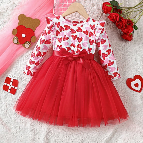 TOOYOU Toddler Girls Dresses Long Sleeve Hearts Prints Valentine'S Day Tutu Skirt Dresses Red Size 3-4 Years