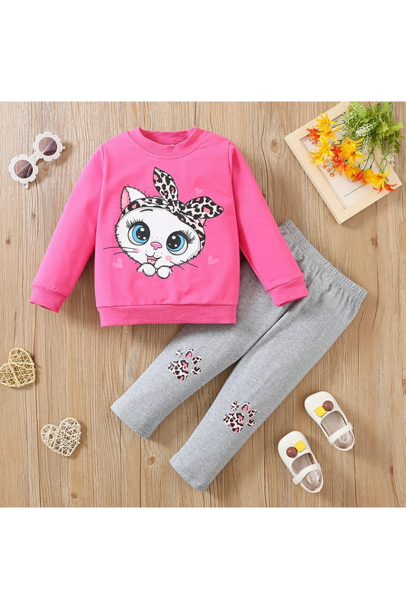 Toddler Girls Outfits Long Sleeve Cute Cartoon Animals Tops Blouse Leopard Print Pants Trousers Outfits Set 2Pcs Clothes Hot Pink Size 2-3 Years