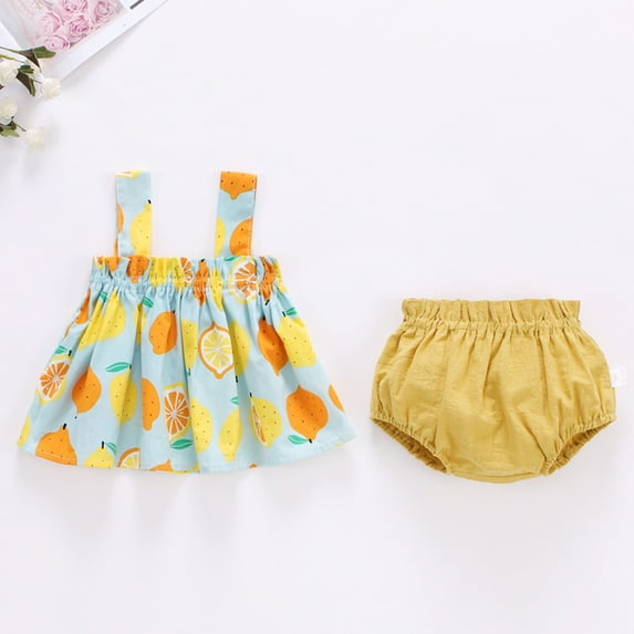 TOOYOU Toddler Girls Outfits Summer Sleeveless Flower Cherry Lemon Prints Tops Shorts Two Piece Outfits Set For Kids Sweet Girl'S Clothing Set Blue Size 12-18 Months