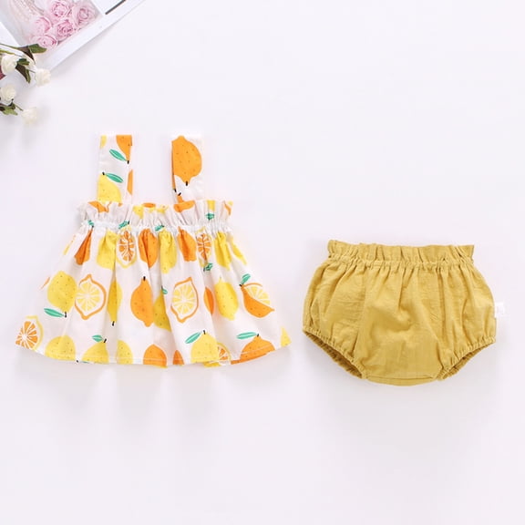 TOOYOU Toddler Girls Outfits Summer Sleeveless Flower Cherry Lemon Prints Tops Shorts Two Piece Outfits Set For Kids Sweet Girl'S Clothing Set Yellow Size 12-18 Months