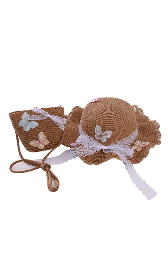 Toddler Straw Hat Sun Girl Summer Bag Children Sunscreen Sunshade Beach Raffia Wide Brim Hat Two Piece Set Of Straw Hat And Woven Bag