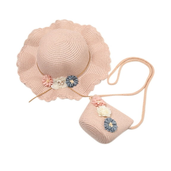 TOOYOU Toddler Straw Hat Sun Girl Summer Bag Children Sunscreen Sunshade Beach Raffia Wide Brim Hat Two Piece Set Of Straw Hat And Woven Bag