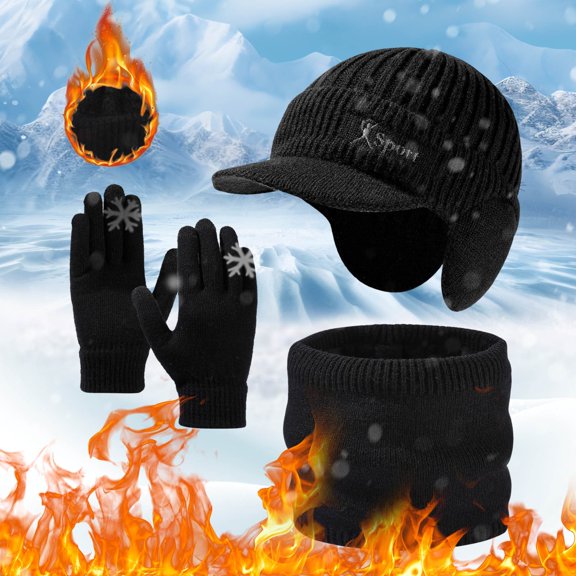 TOOYOU Winter Hat Autumn And Winter Knitted Hat Scarf And Gloves Three Piece Set For Men And Women Thickened Warm Suit Fashionable Warm And Cold Products Black