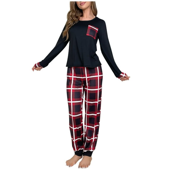 TOOYOU Women Pajama Set Long Sleeve Sleepwear Loungewear Cozy Top And Checkered Pants With Pockets For Autumn And Winter Soft 2Pcs Pjs Set Nightwear