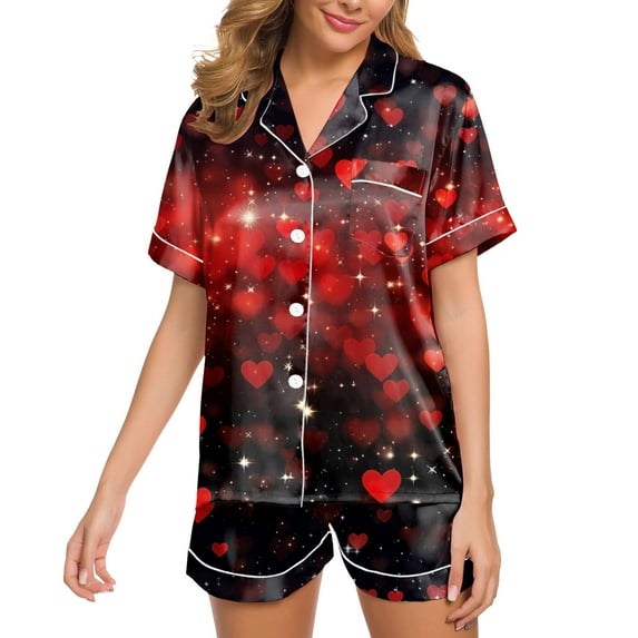 TOOYOU Women Pajama Set Valentine's Day Short sleeve Sleepwear Loungewear Silk Satin Button Down Heart-shaped printing Lightweight Soft 2Pcs Pjs Set Nightwear