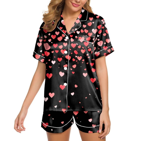 TOOYOU Women Pajama Set Valentine's Day Short sleeve Sleepwear Loungewear Silk Satin Button Down Heart-shaped printing Lightweight Soft 2Pcs Pjs Set Nightwear