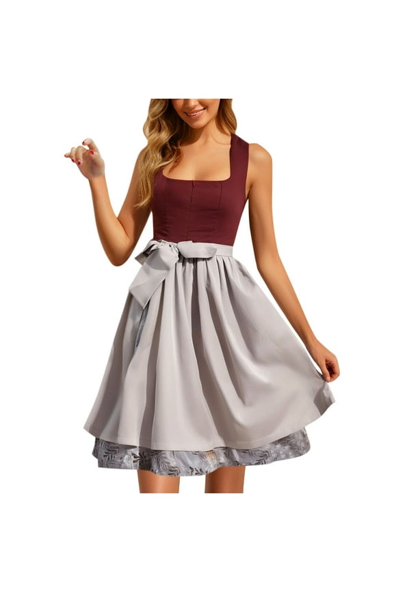 Women Silk Dress Two Piece Bavarian Oktoberfest Dress Sleeveless Vest Silk Bow Dress