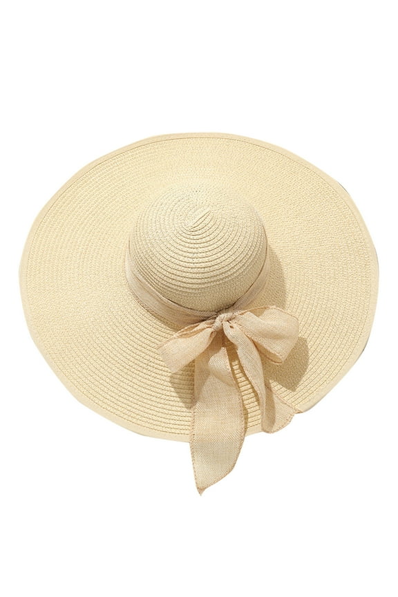 Women Sun Hat Bowknot Straw Hat Large Floppy Foldable Roll Up Beach Cap Sun Hat White