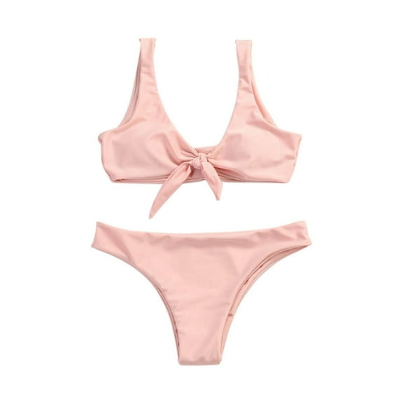 TOOYOU Women Swimsuit Solid Color Print Split Bathing Suits High Waist Pants Suspender Backless Bikini Swimwear Pink