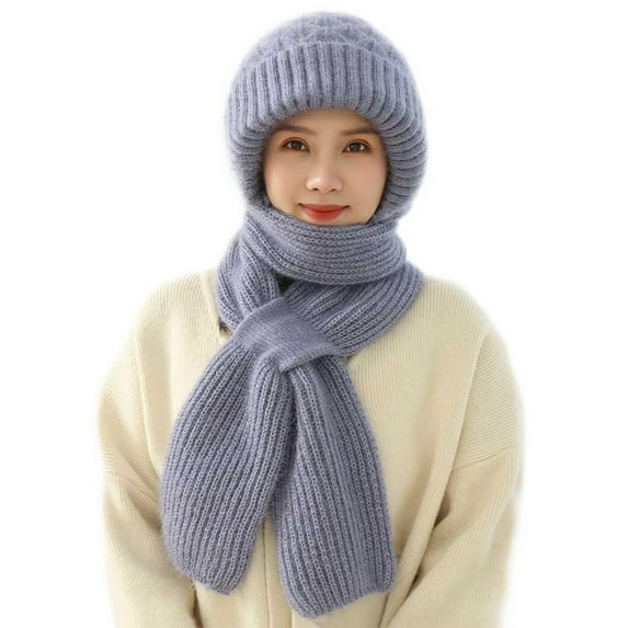 TOOYOU Women Winter Hat Solid Color Integrated Ear Windproof Hooded Scarf 2 In 1 Scarf Knitted Hat Warm Cold Beanie Hats