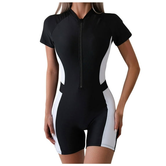 TOOYOU Women's Surfing Wetsuit Swimwears Rash Guards Fashionable Color Blocking Short Sleeved Zippered Shorts Tight Surfing Swimming Jumpsuit Swimsuit Black