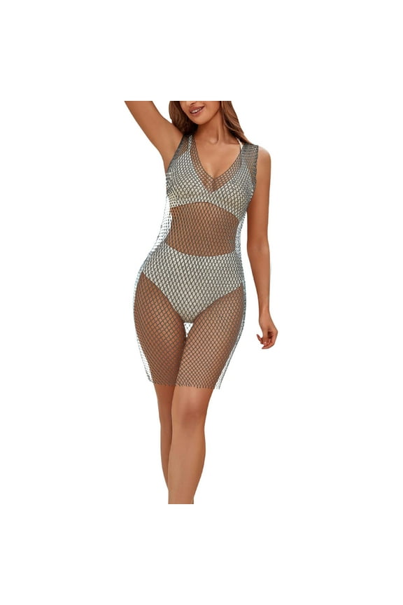 Womens Swimsuit Cover Up Rhinestone Mesh Dress Rhinestone Black Long Dress See Through Fishnet Smock Swimsuit Summer Dresses Casual Sundress Coverups Black