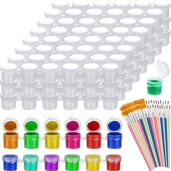 150Pcs Paint Pot with Lid & 50Pcs Brushes,0.17oz Empty Containers Lids, for Kids Classrooms Schools Art