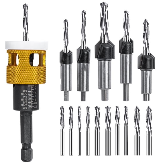 TOP! 5Pcs Countersink Drill Bits Set with Low Friction Depth Stop, 10Pcs Replacement HSS Bit,Adjustable Stop