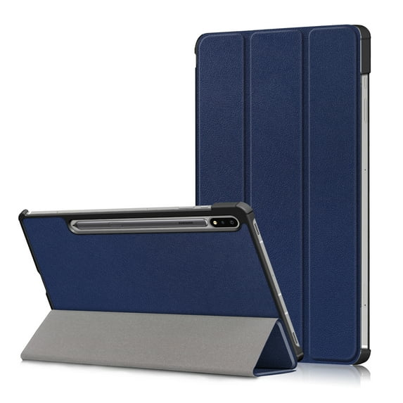 TOP SHE Case for 2021 Samsung Galaxy Tab S7 FE (12.4", Model SM-T730), Tab S7 Plus 12.4-inch Case (SM-T970) - PU Leather Hard Plastic Case, Slim Lightweigt Smart Stand Trifold Flip Cover (Dark Blue)