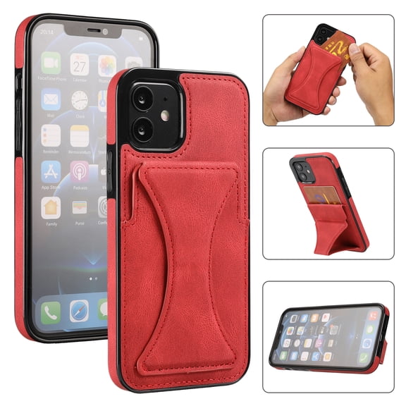 TOP SHE Case for Apple iPhone 12, iPhone 12 Case (6.1 Inch) - Synthetic Leather Protective Case with Card Slot / Kickstand, Slim Fit Lightweight Simple Fashion Cover (Red)