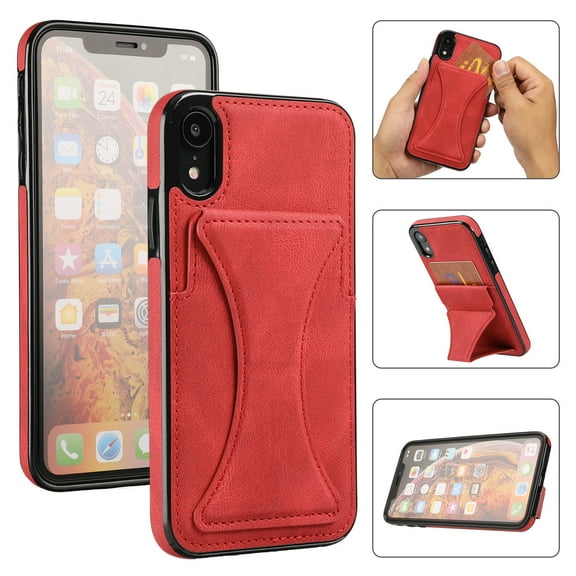 TOP SHE Case for Apple iPhone XR (6.1"), iPhone XR Case (6.1 Inch) - Synthetic Leather Protective Case with Card Slot / Kickstand, Slim Fit Lightweight Simple Fashion Cover (Red)