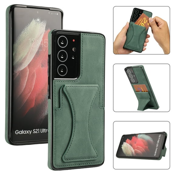 TOP SHE Case for Samsung Galaxy S21 Ultra Cell Phone (6.8 Inch) - Synthetic Leather Protective Case with Card Slot / Kickstand, Slim Fit Lightweight Simple Fashion Cover (Green)