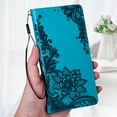 thumbnail image 1 of TOP SHE Compatible with iPhone 13 Pro Max Case,PU Pattern Embossed Card Slots Shockproof Magnetic Kickstand  Flip Wallet with Wrist Strap Cover.For iPhone 13 Pro Max,Blue, 1 of 8