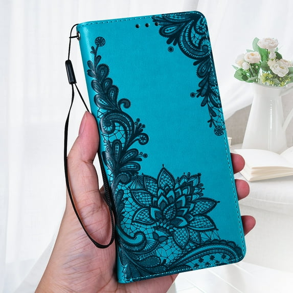 TOP SHE Compatible with iPhone 13 Pro Max Case,PU Pattern Embossed Card Slots Shockproof Magnetic Kickstand Flip Wallet with Wrist Strap Cover.For iPhone 13 Pro Max,Blue