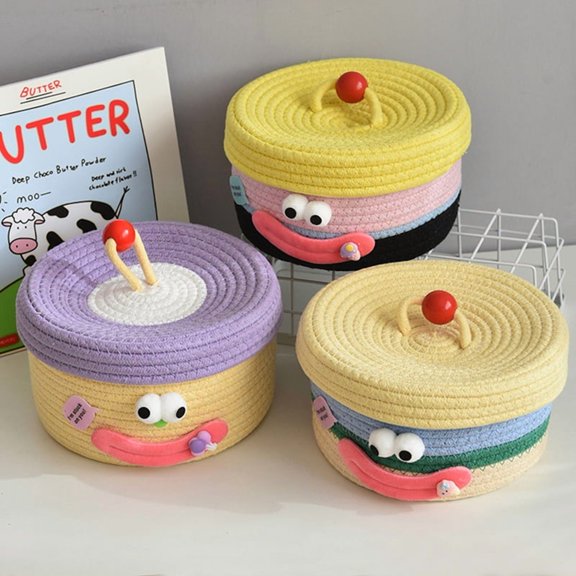 TOP! Desktop Storage Basket with Lid Woven Snack Box Coffee Table Living Room Woolen Toys B