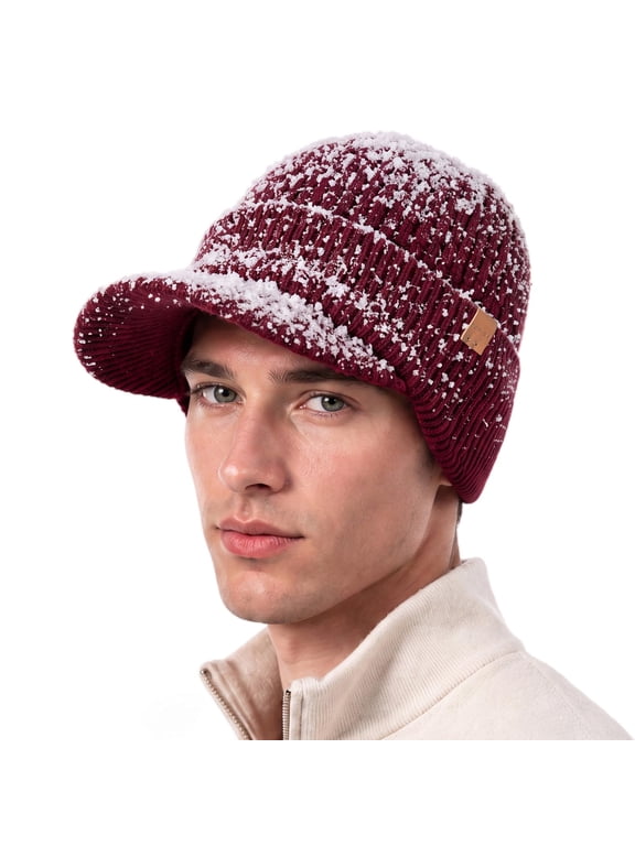 DryKnit™ Waterproof Visor Beanie, Merino Wool Fleece Lined Winter Hat with Brim, Burgundy, m l