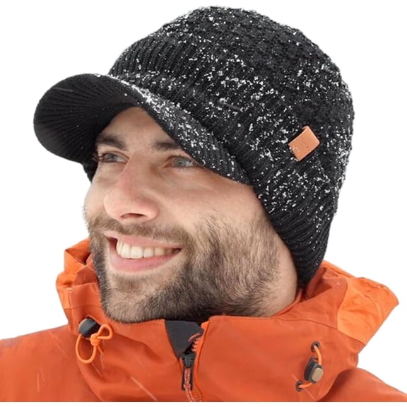 TOP-EX DryKnit™ Waterproof Visor Beanie, Merino Wool Fleece Lined Winter Hat with Brim, Black, medium large