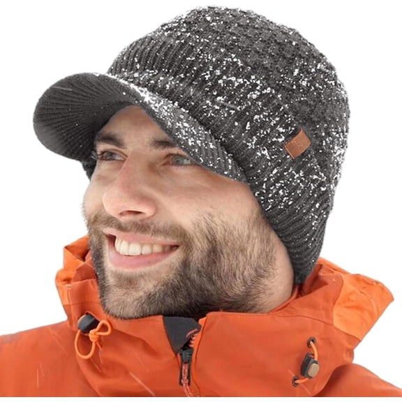 TOP-EX DryKnit™ Waterproof Visor Beanie, Merino Wool Fleece Lined Winter Hat with Brim, Gray, medium large