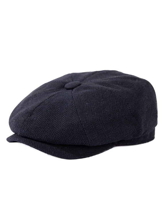 Mens Wool Tweed Newsboy Cap, 8 Panel Flat Gatsby Driving Hat, Navy Blue Herringbone, xl
