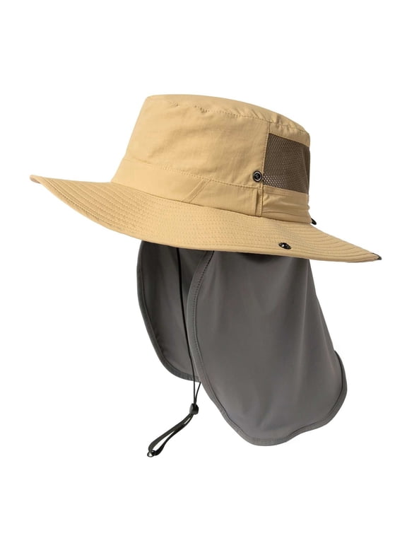 Men’s UV Protection Sun Hat with Cooling Neck Flap, Wide Brim, Waterproof & Packable, Khaki, XL/XXL