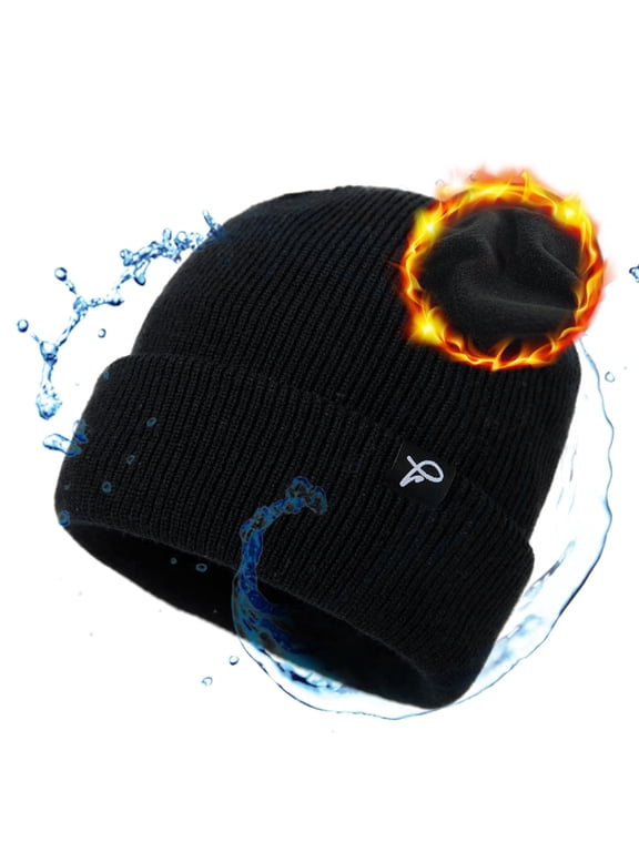 Men's & Women's Winter Beanie Waterproof, Fleece Lined Knit Cap Big Heads – Durable Water-Proof Hat for All-Weather Warm Rain, Black Small Medium