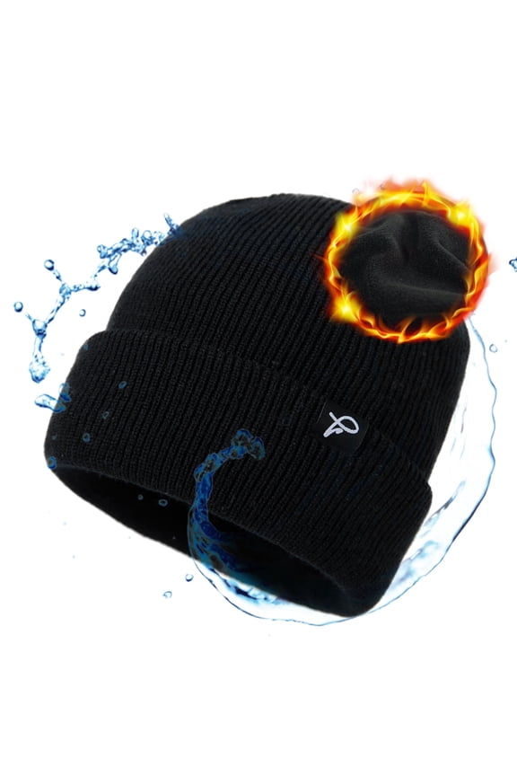 Men's & Women's Winter Beanie Waterproof, Fleece Lined Knit Cap Big Heads – Durable Water-Proof Hat for All-Weather Warm Rain, Black Small Medium