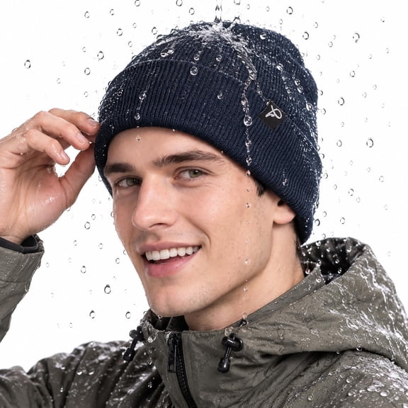 TOP-EX Men's & Women's Winter Beanie Waterproof, Fleece Lined Knit Cap Big Heads – Durable Water-Proof Hat for All-Weather Warm Rain, Navyblue Small Medium