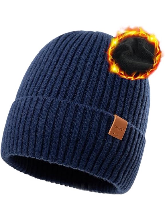 Merino Wool Beanie, Fleece Lined Cold Weather Winter Knit Skull Cap, Navy Blue, X-Large XX-Large