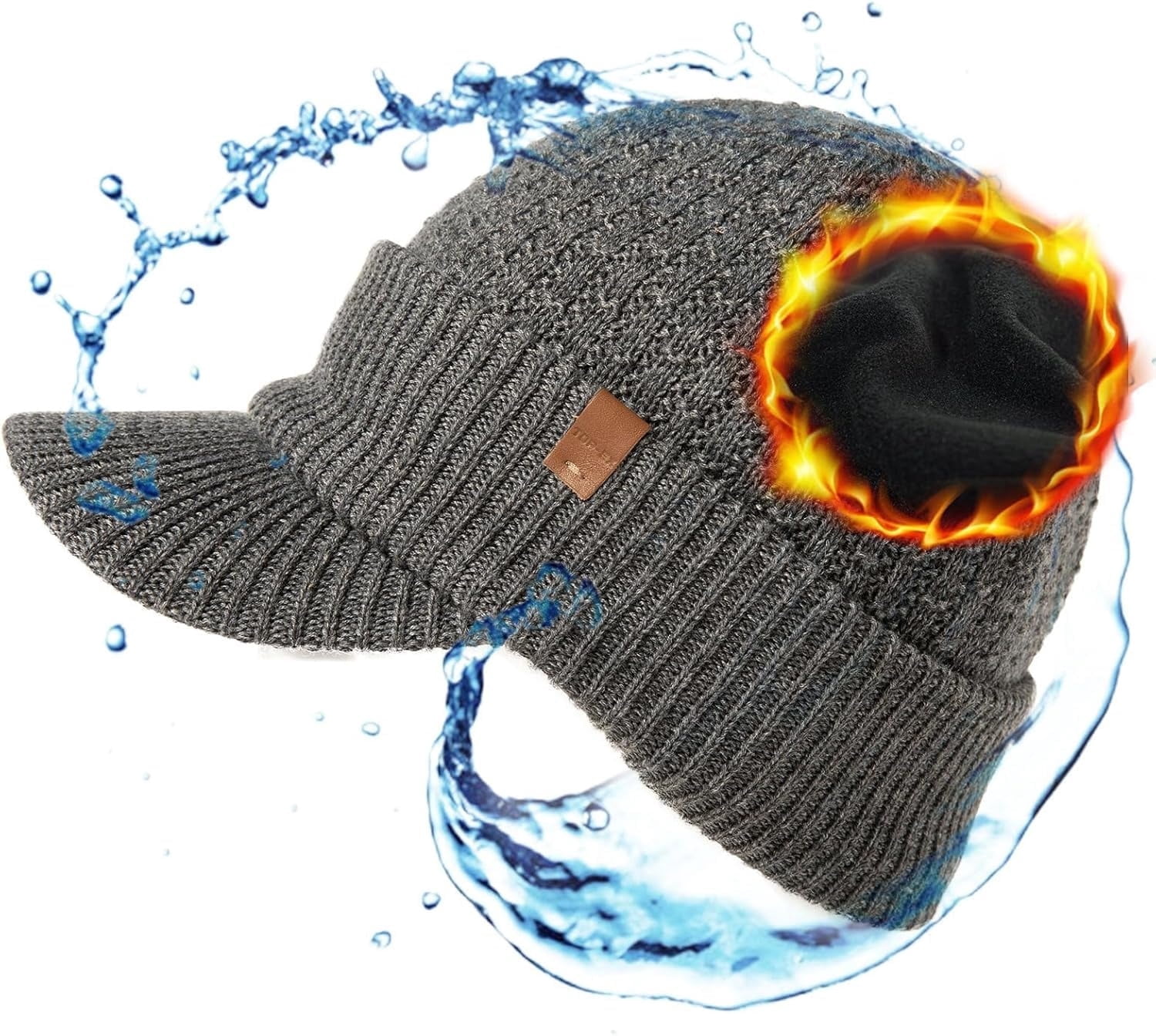 TOP-EX DryKnit™ Waterproof Visor Beanie Hat - Men Women Winter Merino Wool Fleece Lined Skull Cap, Cold Weather Gray, XL XXL XXXL Extra Large Big Head Oversize