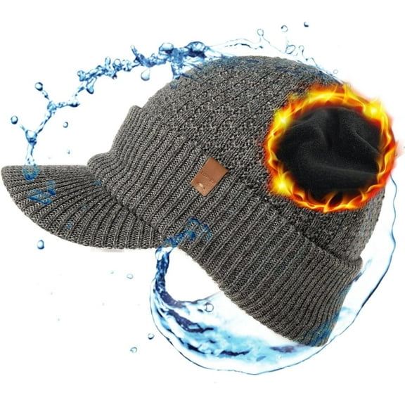 TOP-EX DryKnit™ Waterproof Visor Beanie Hat - Men Women Winter Merino Wool Fleece Lined Skull Cap, Cold Weather Gray, XL XXL XXXL Extra Large Big Head Oversize