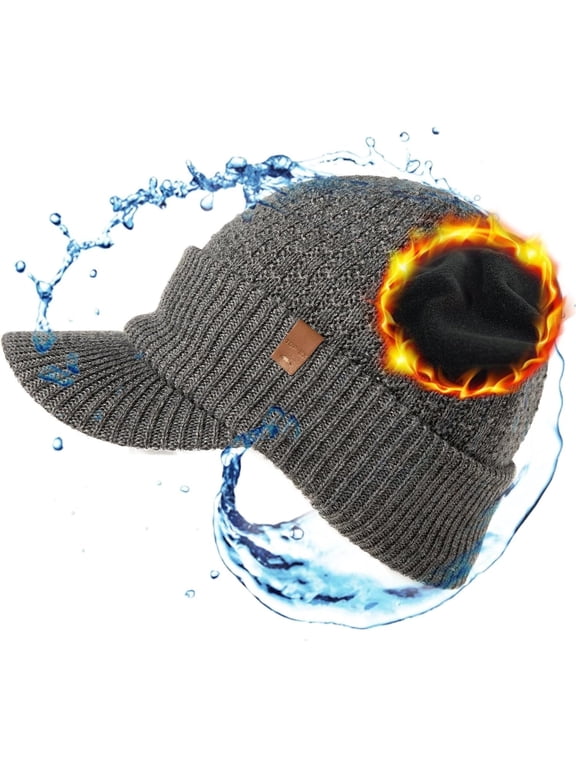 DryKnit™ Waterproof Visor Beanie, Merino Wool Fleece Lined Winter Hat with Brim, Gray, xl xxl
