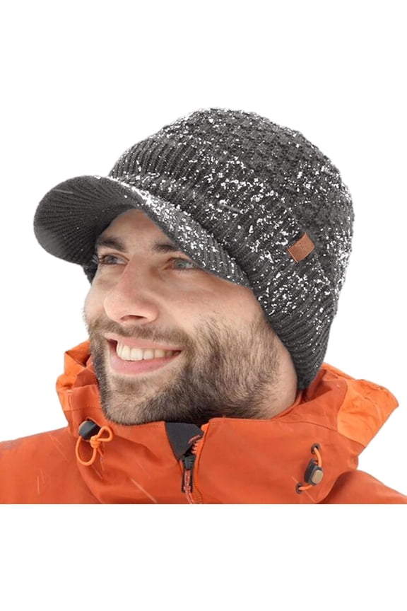 DryKnit™ Waterproof Visor Beanie Hat for Men Winter Knit Skull Stocking Cap with Brim Women, Merino Wool & Fleece Lined & Water Proof Headwear for Cold Weather Gray, Medium Large