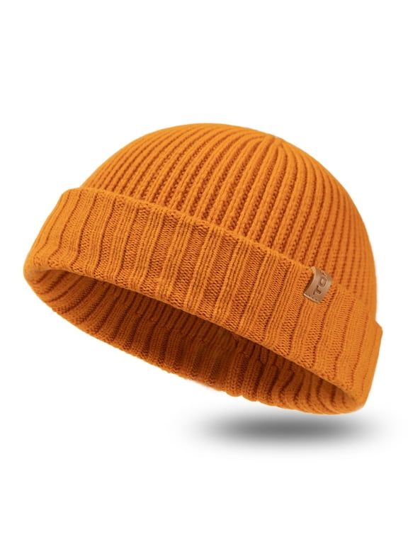 XL/XXL Merino Wool Beanie 100% Wool Winter Hat for Men & Women, Cuffed Fisherman Knit Cold Weather Cap Orange m/l