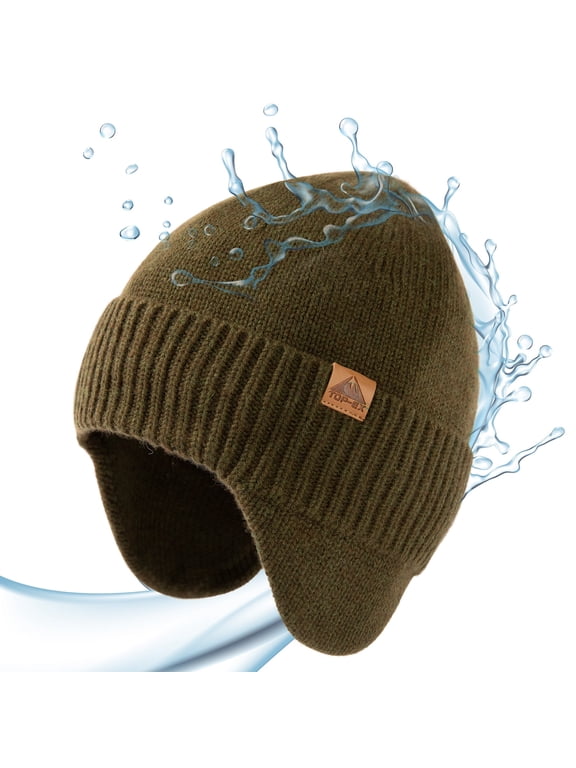 DryKnit™ Merino Wool Waterproof Winter Beanie, Ear Flap Hat, Army Green, xl xxl