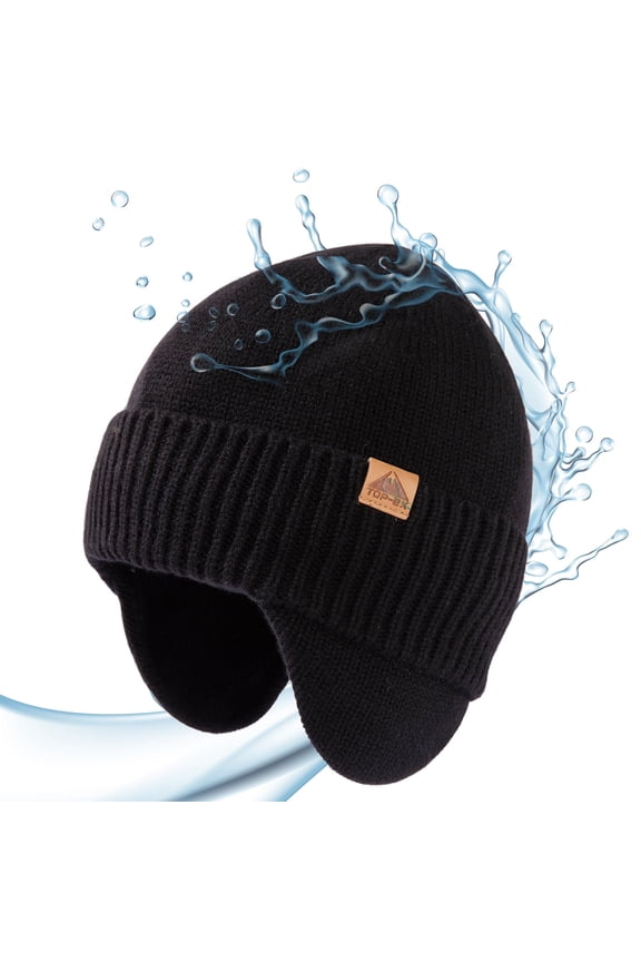 DryKnitâ„¢ Merino Wool Waterproof Winter Beanie with Ear Flap for Men Women Black L/XL
