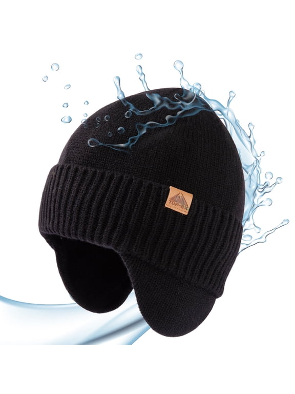 DryKnit™ Merino Wool Waterproof Winter Beanie, Ear Flap Hat, Black, xl xxl