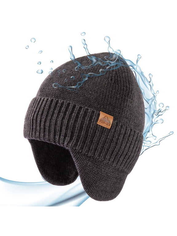 DryKnit™ Merino Wool Waterproof Winter Beanie, Ear Flap Hat, Grey, xl xxl