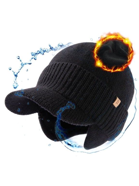 DryKnit™ XL/XXL Waterproof Fleece Lined Visor Beanie with Ear for Men Women Black L/XL