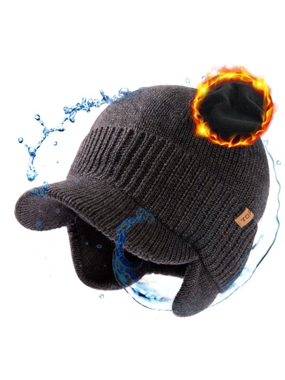 DryKnit™ XL/XXL Waterproof Fleece Lined Visor Beanie with Ear for Men Women Dark Grey L/XL