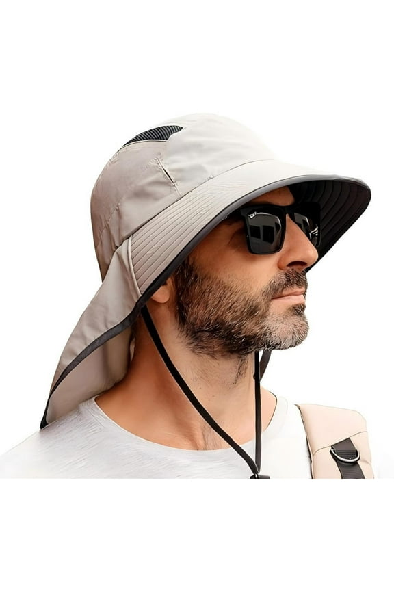 XXL/XL/L/M Mens Sun Hat with Neck Flap & Sunglass Slot – Wide Brim UPF 50+ UV Protection, Waterproof, Packable for Big Heads Fishing Hiking Outdoor Light Grey M/L